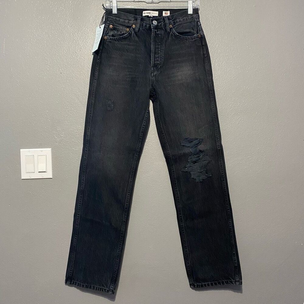 RE/DONE Originals Black High Rise Straight Loose Rigid Distressed Jeans Sz 28